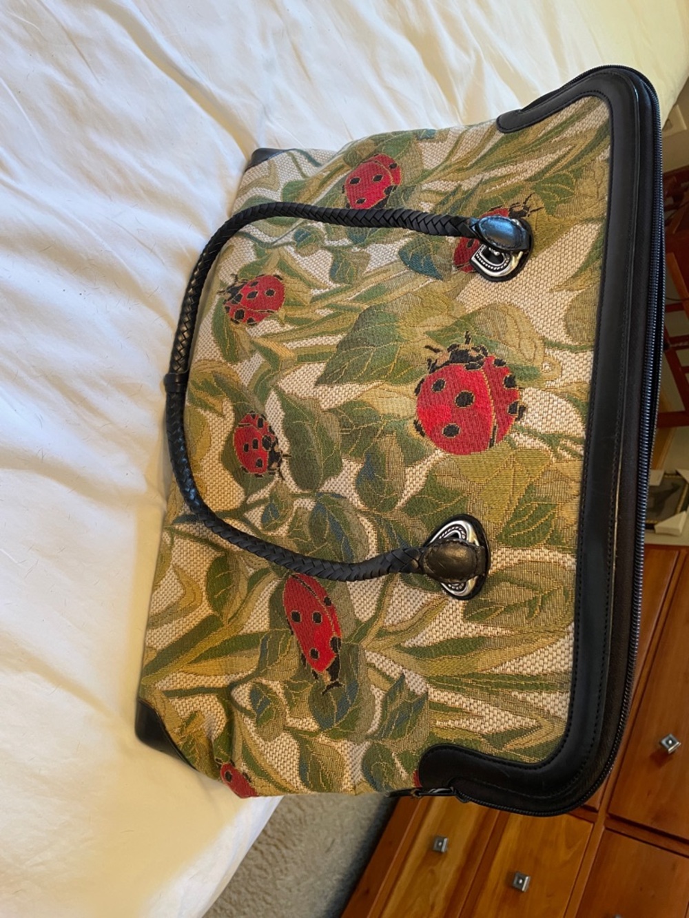 Brighton Red Ladybug Canvas Travel Tote with Black Trim and Braided Handles